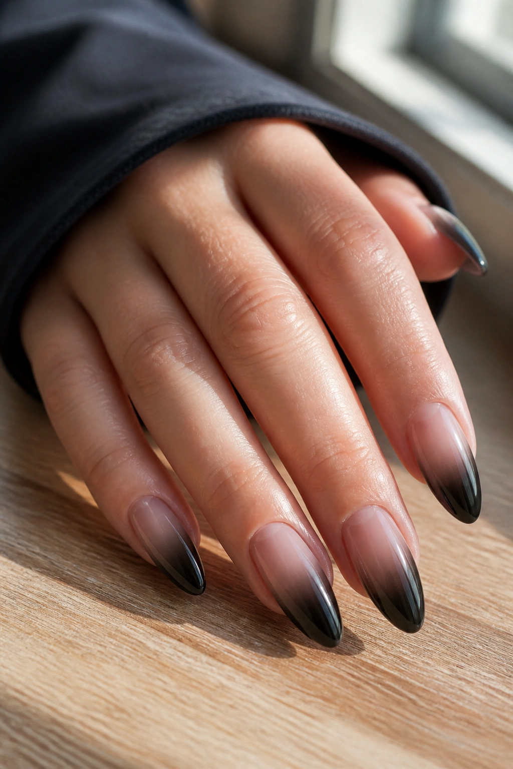 Close-up of a hand with smoky black ombré almond nails fading to nude in natural light