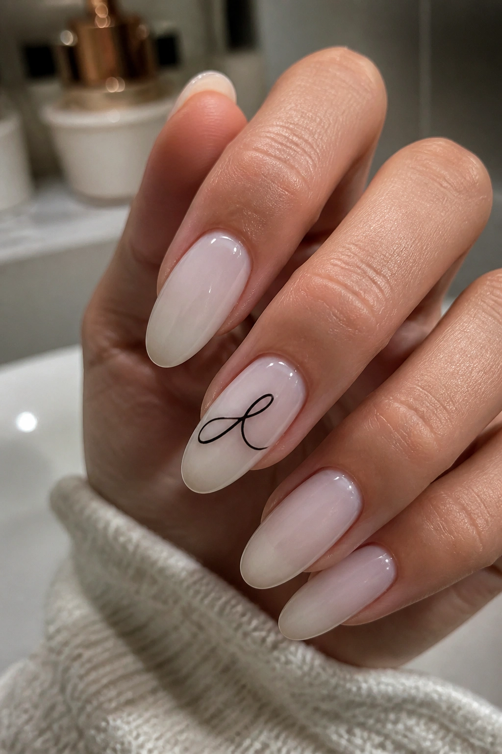 Almond nails with milky soap-nail base and black initial motif
