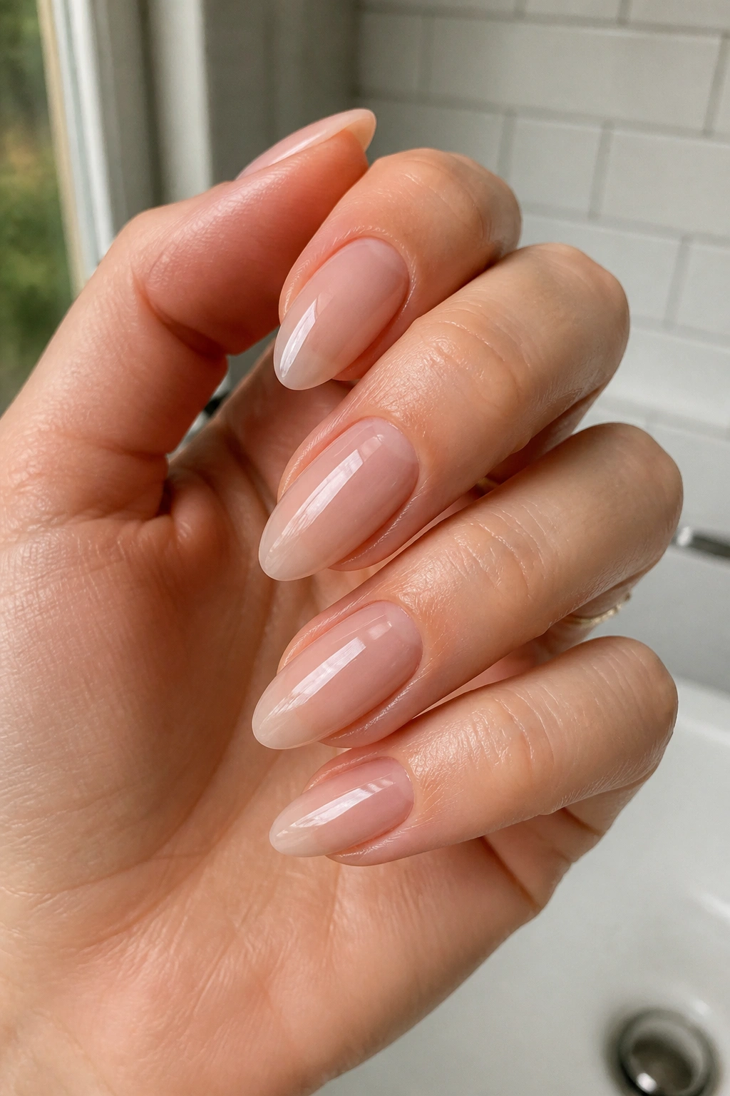 Close-up of hand showing soap-nail nude almond nails