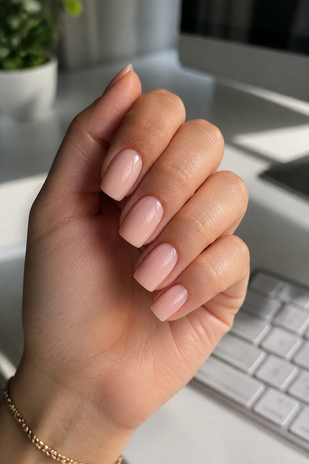 Close-up of soap-nude nails with a high-gloss cushion finish on short coffin nails.