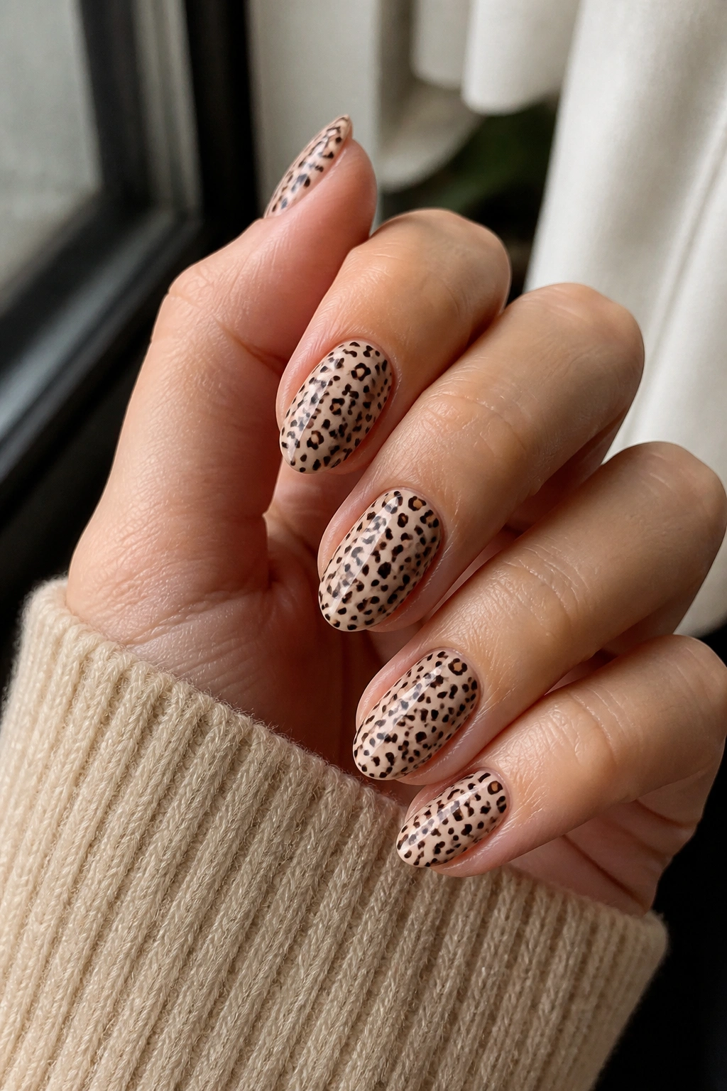 Close-up of short almond nails with soft beige base and small cheetah spots on a real hand