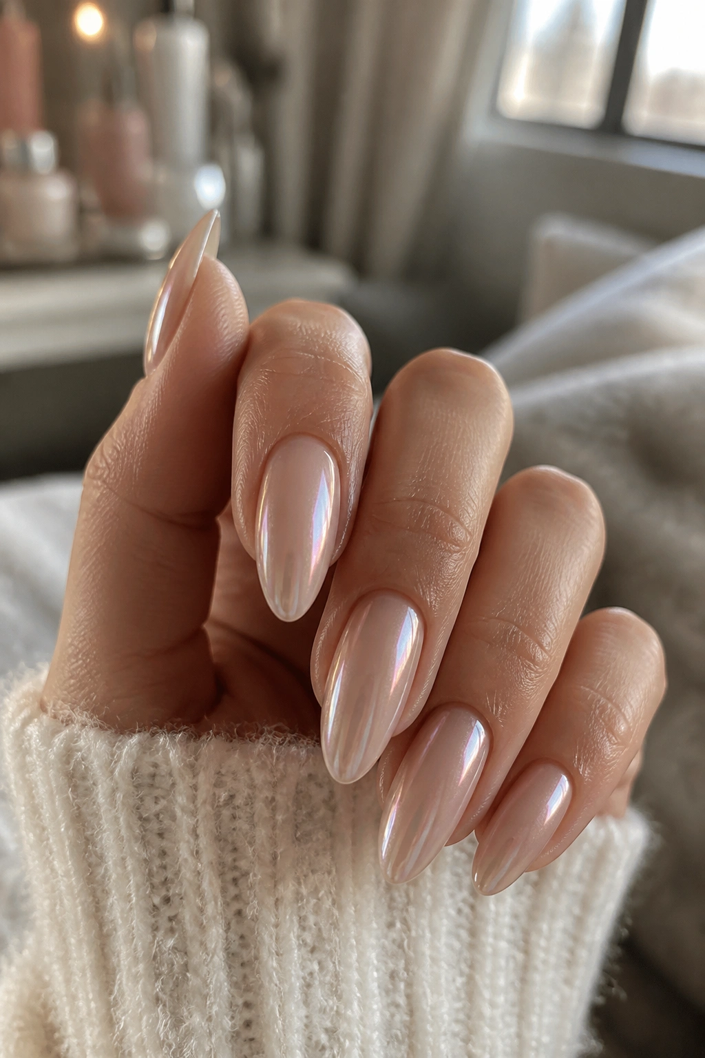 Close-up of a real hand with almond nails featuring soft chrome on a nude base