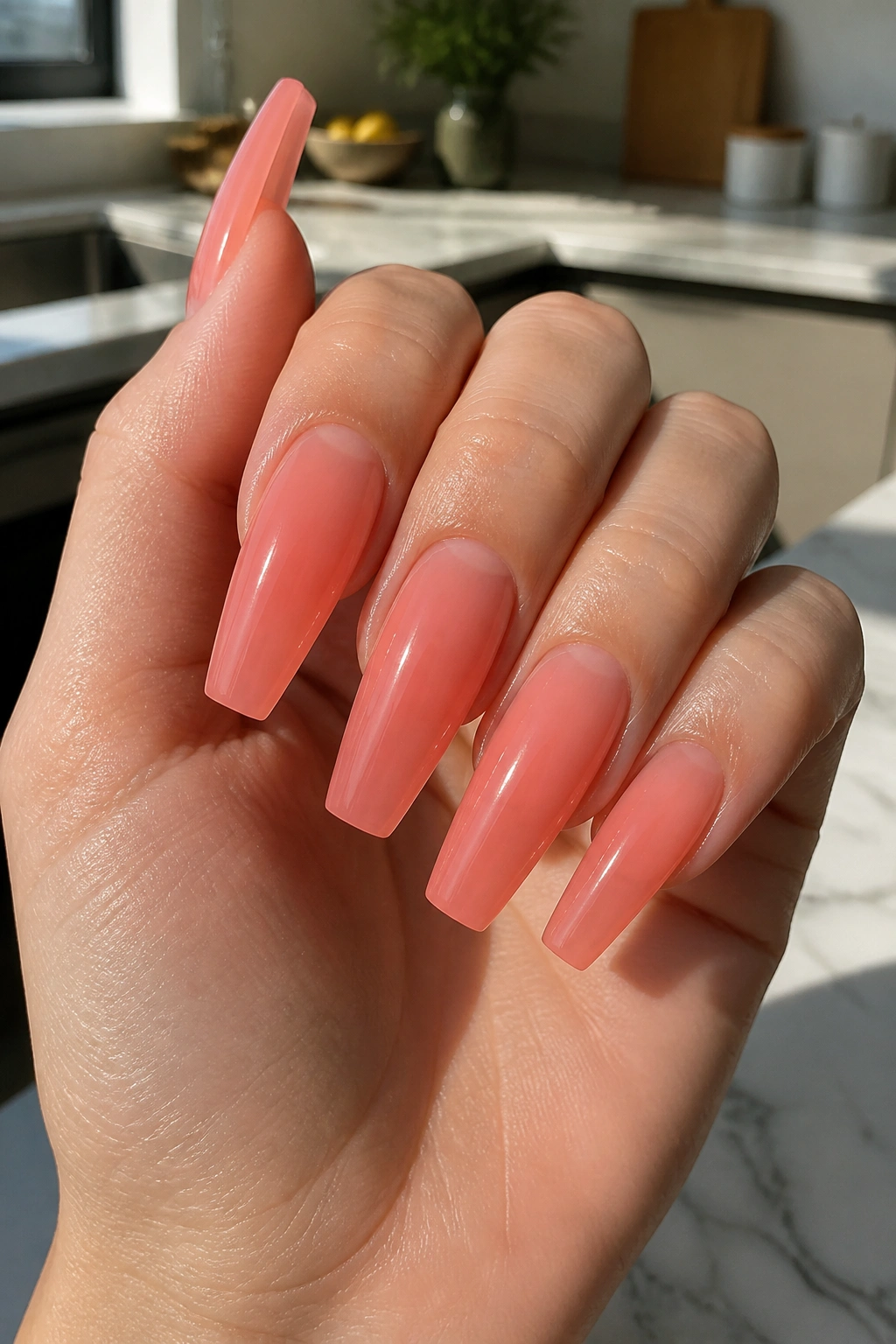 Close-up of real hand with soft coral jelly coffin nails