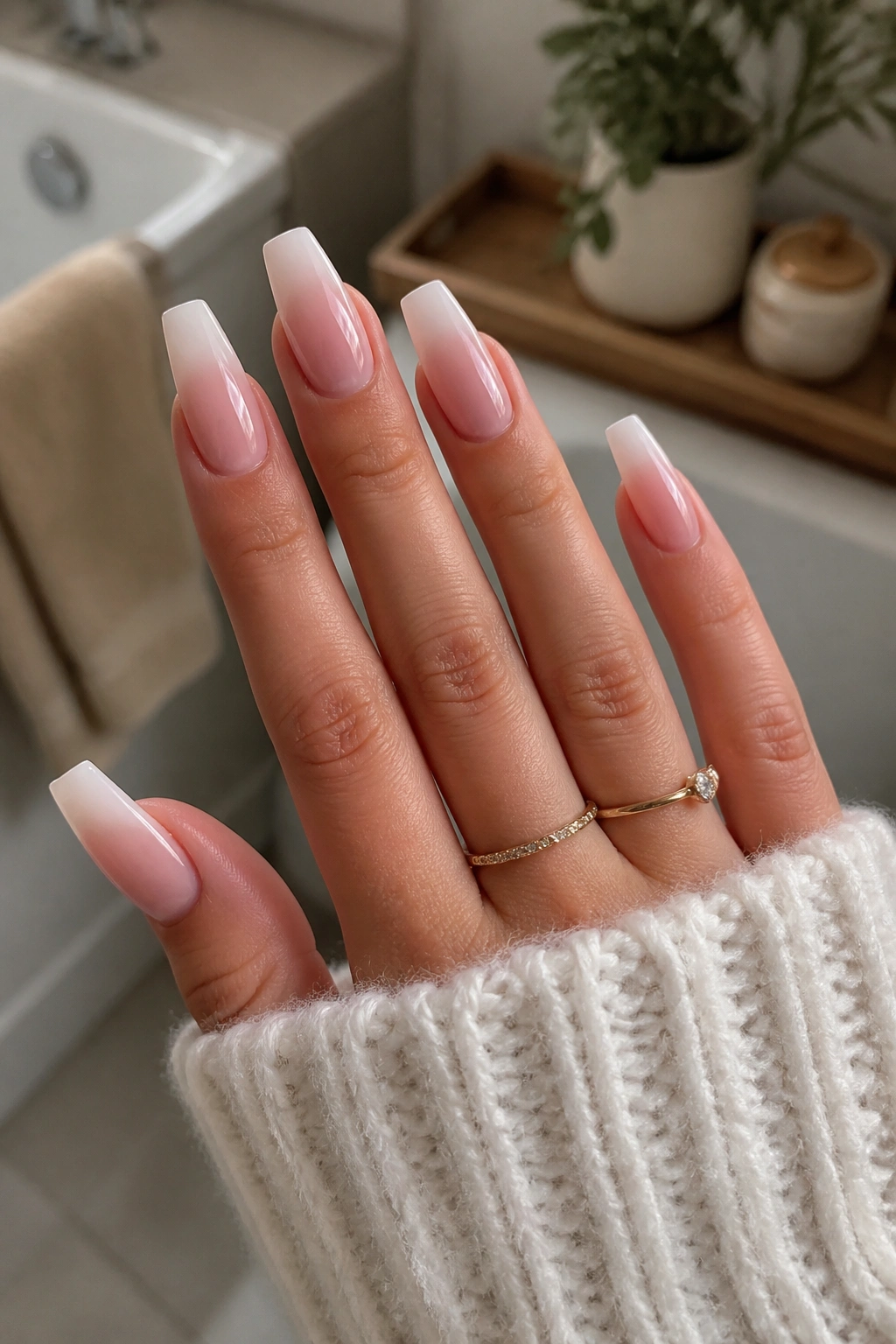 Coffin nails with soft French fade on real hand