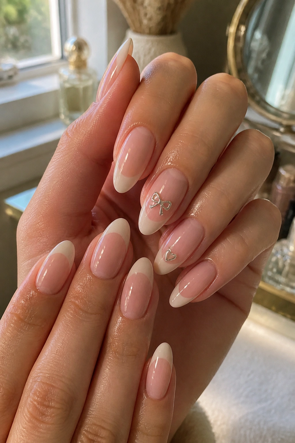Close-up of soft French almond nails with tiny charms on real hands; sheer pink base and pale tips