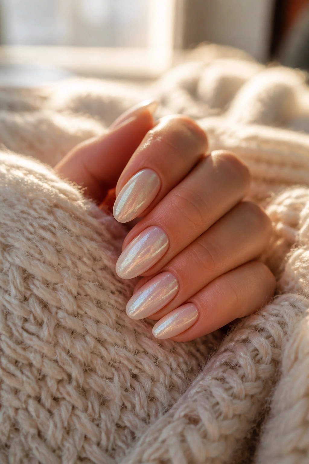 Close-up soft glow pearl almond nails on hand