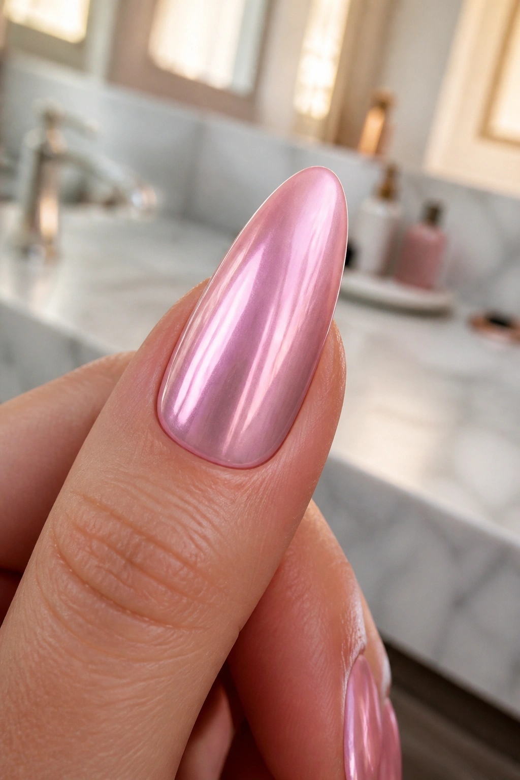 Close-up of almond nail with soft pink chrome finish on a real hand, natural window light