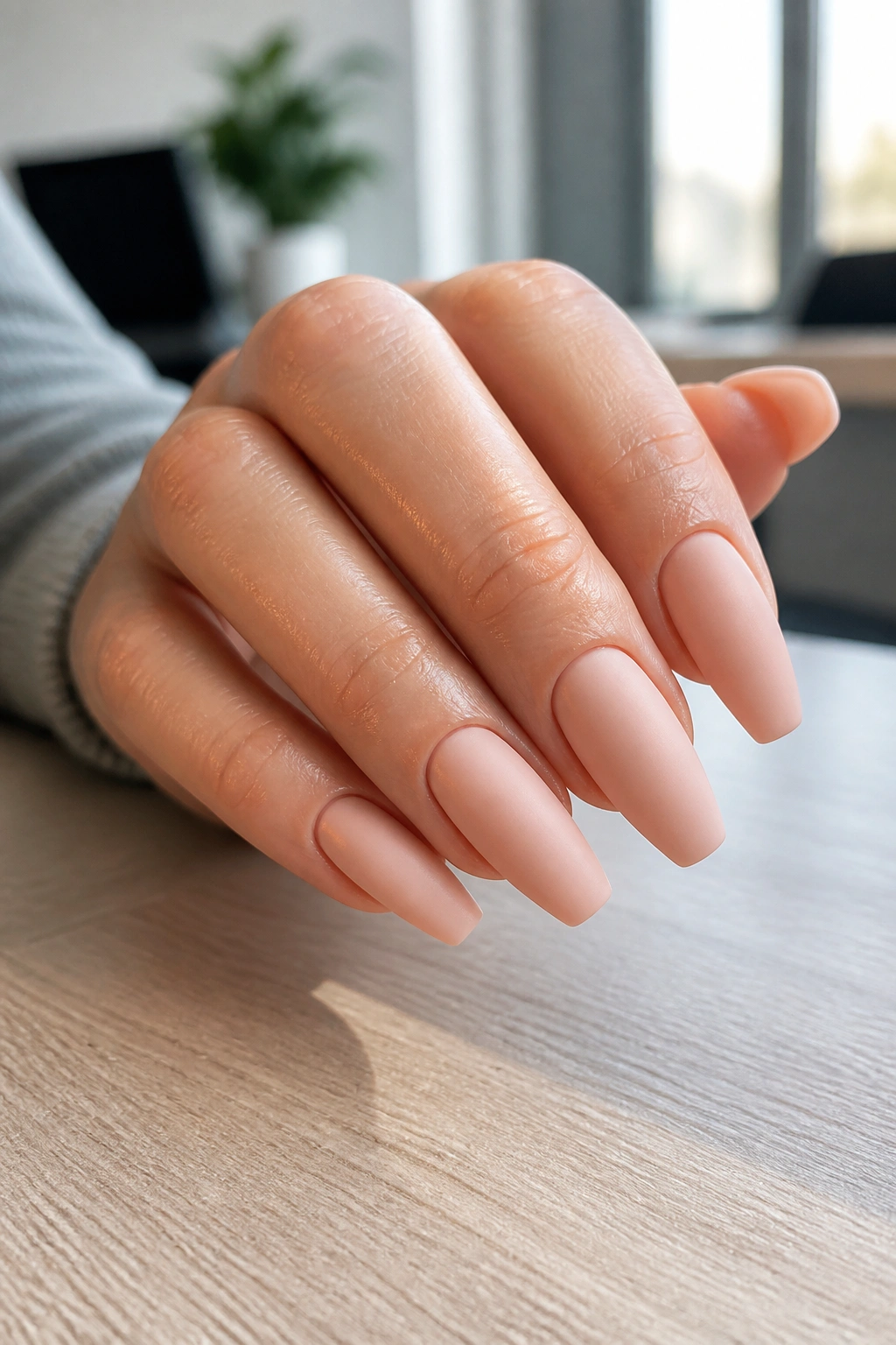Close-up of soft nude matte coffin nails on a real hand.