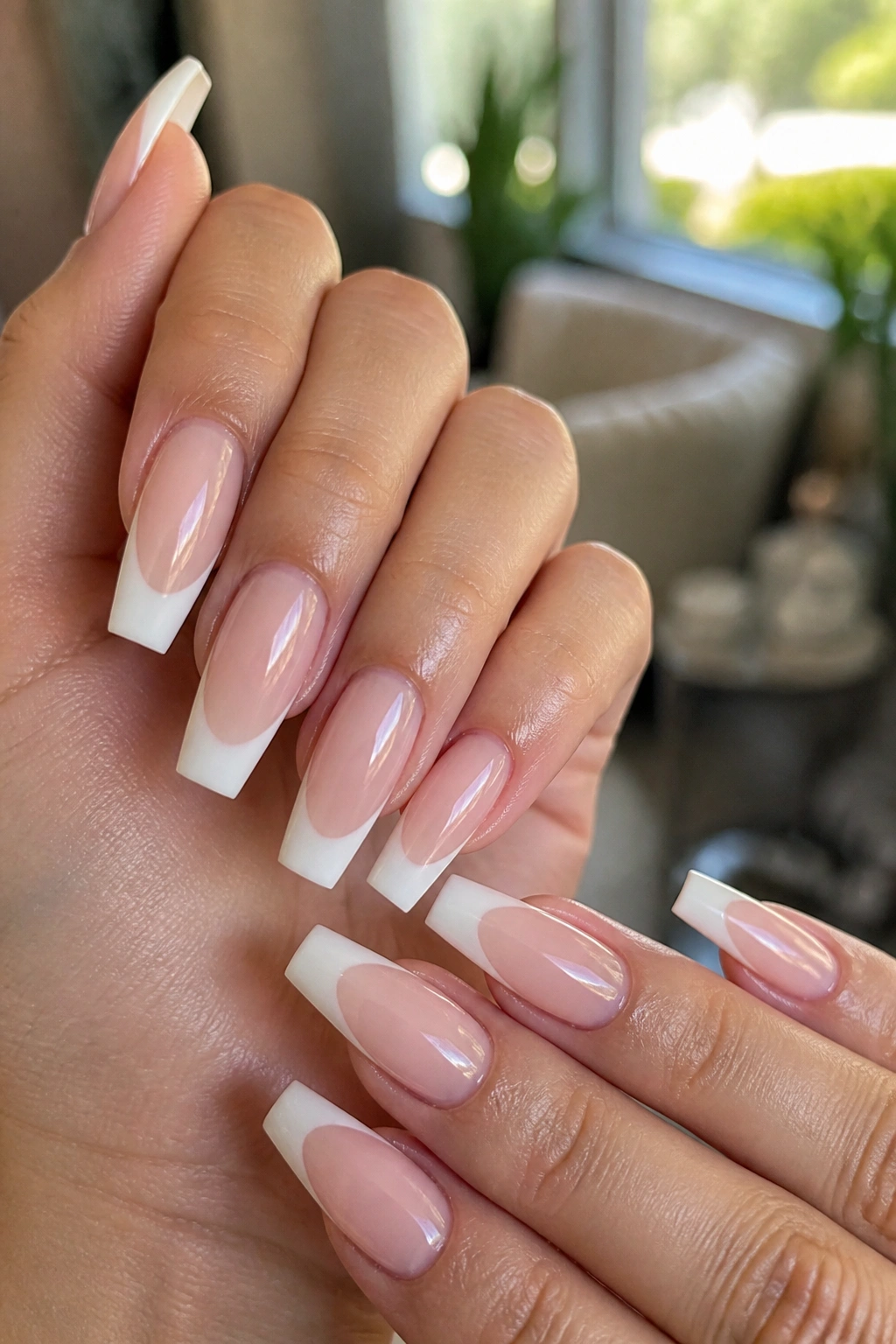 Close-up of hands with coffin nails: soft pink base and white tips.