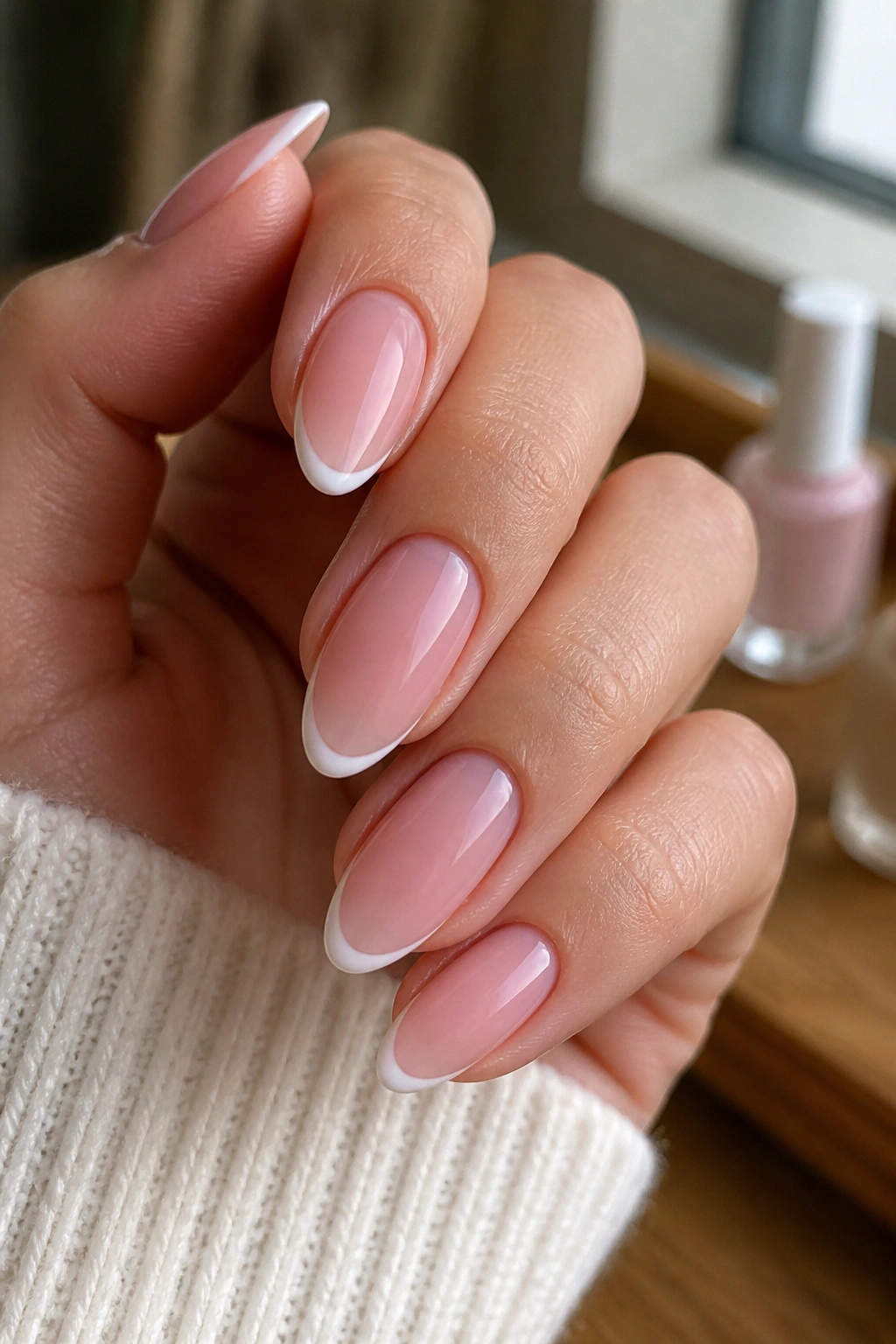 Close-up of a real hand with soft pink nails and a skinny white edge on the tips
