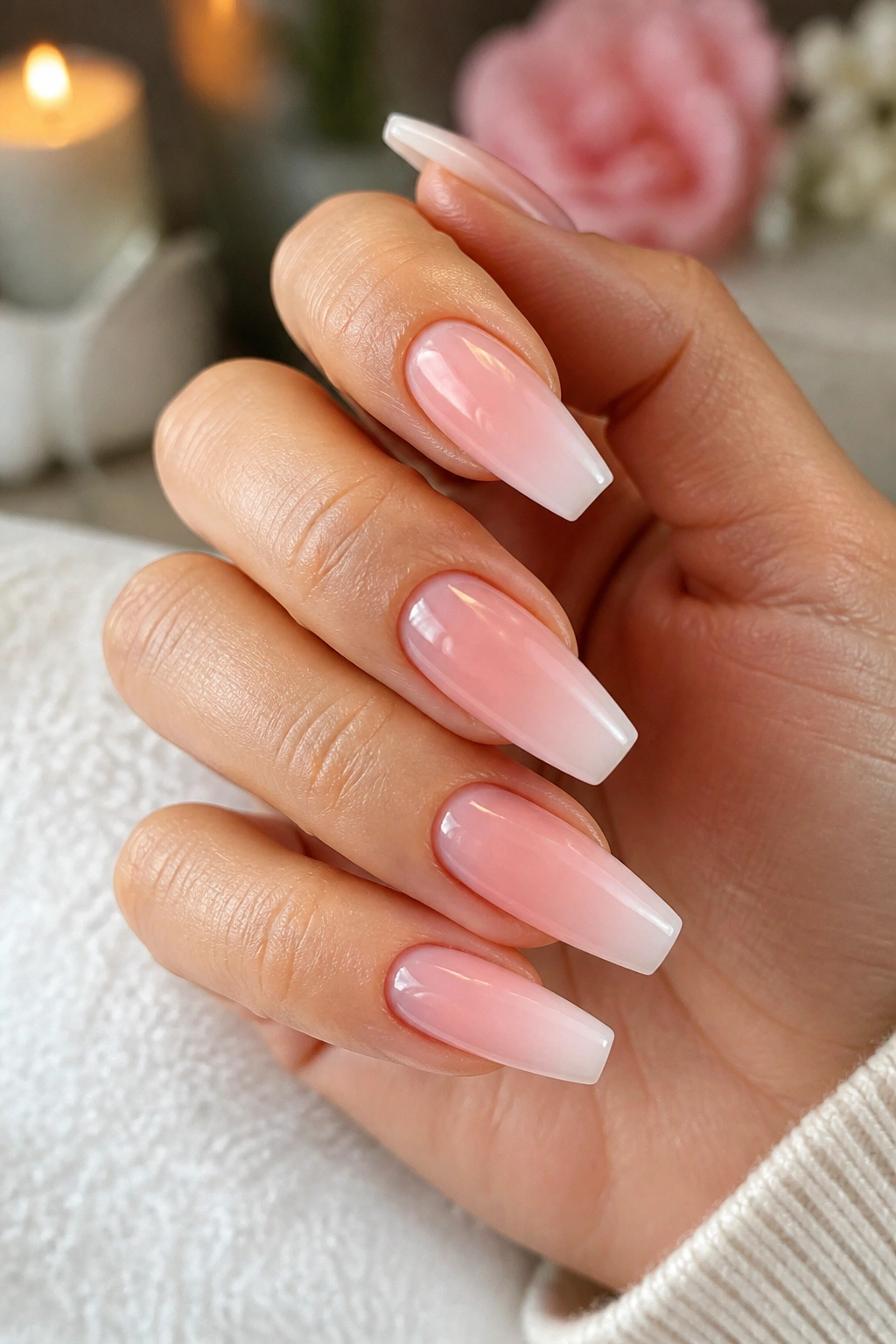 Soft pink ombre coffin nails on real hand