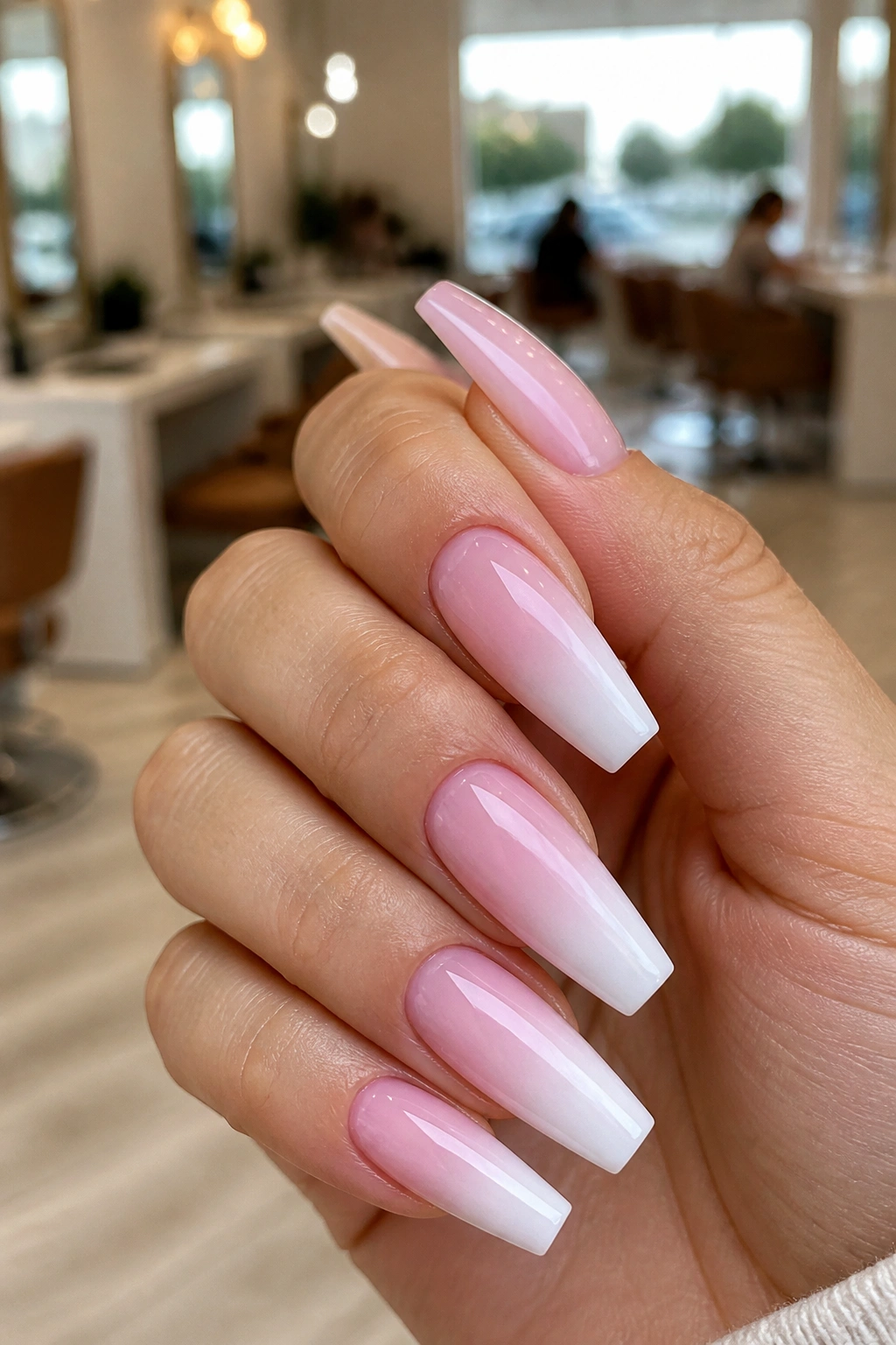 Close-up of soft pink ombre coffin nails on real hand