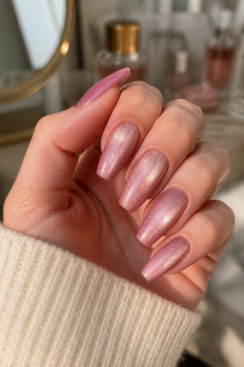 Close-up of soft rose velvet cat-eye nails with diffuse glow