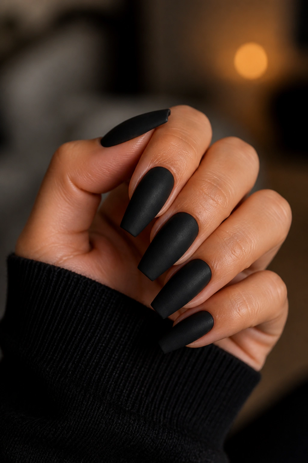 Close-up of real hand with suede matte black coffin nails