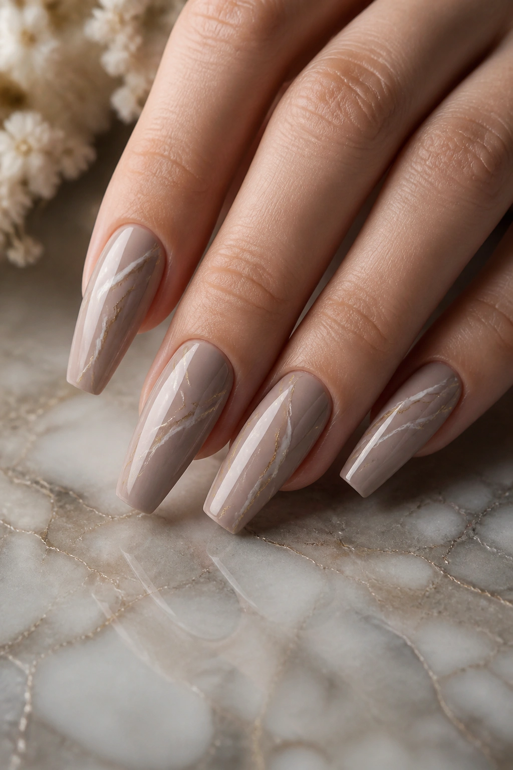 Soft taupe coffin nails with fine marble veining
