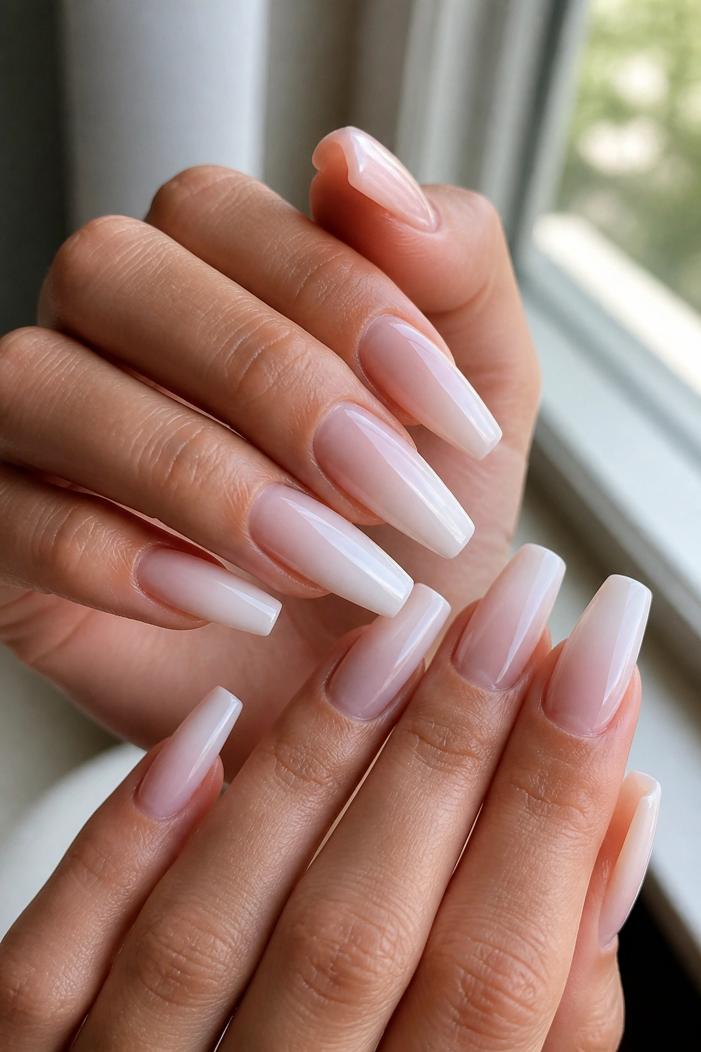 Close-up of hands with soft white ombré coffin nails fading at the tip