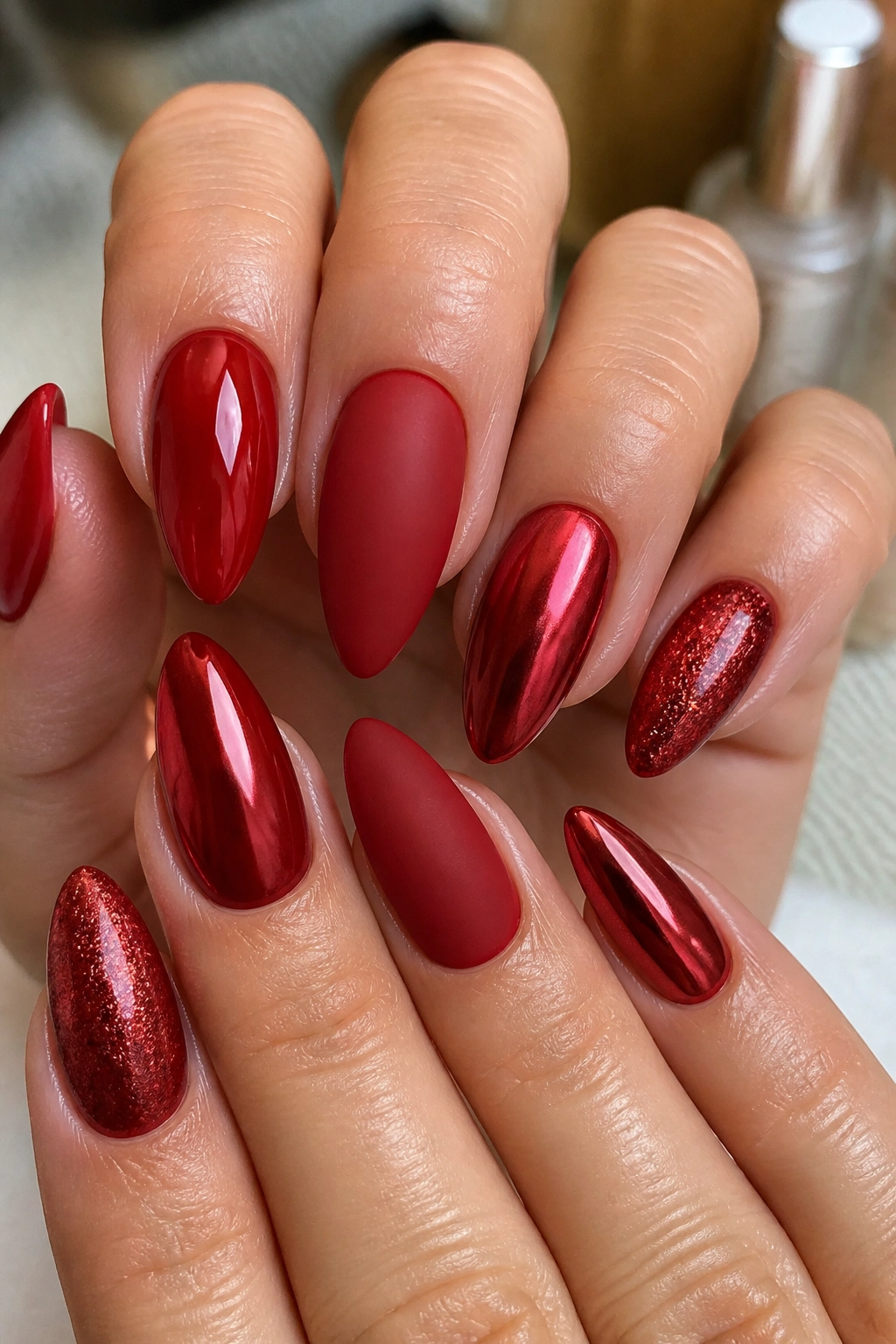 Close-up of split-finish cherry red almond nails on a real hand in a salon setting