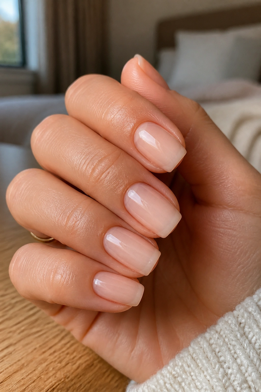 Close-up of a real hand with square-oval nails in milky nude polish