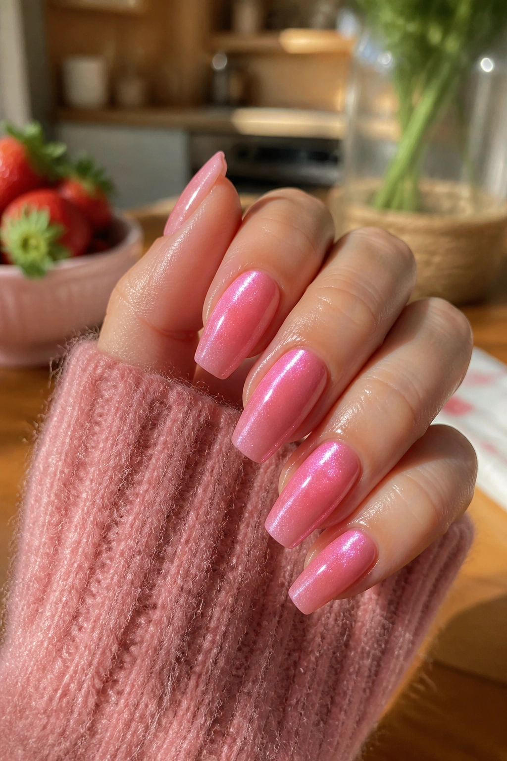 Close-up of real hand with strawberry glaze cat eye nails featuring pink base and pearl chrome
