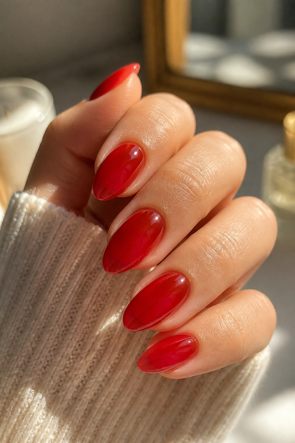 Close-up of translucent jelly strawberry red almond nails
