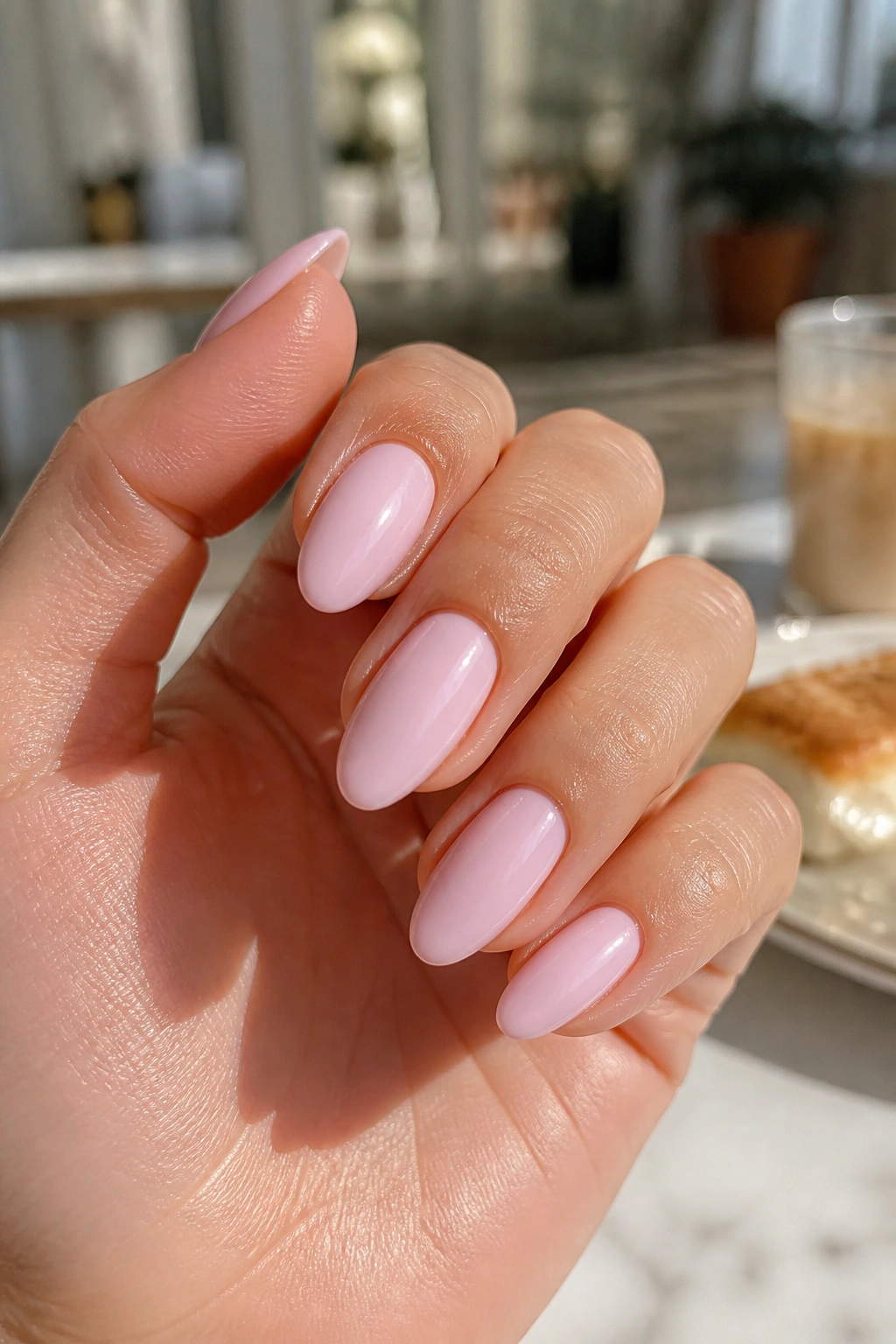 Close-up of almond nails in milky pink strawberry milk shade
