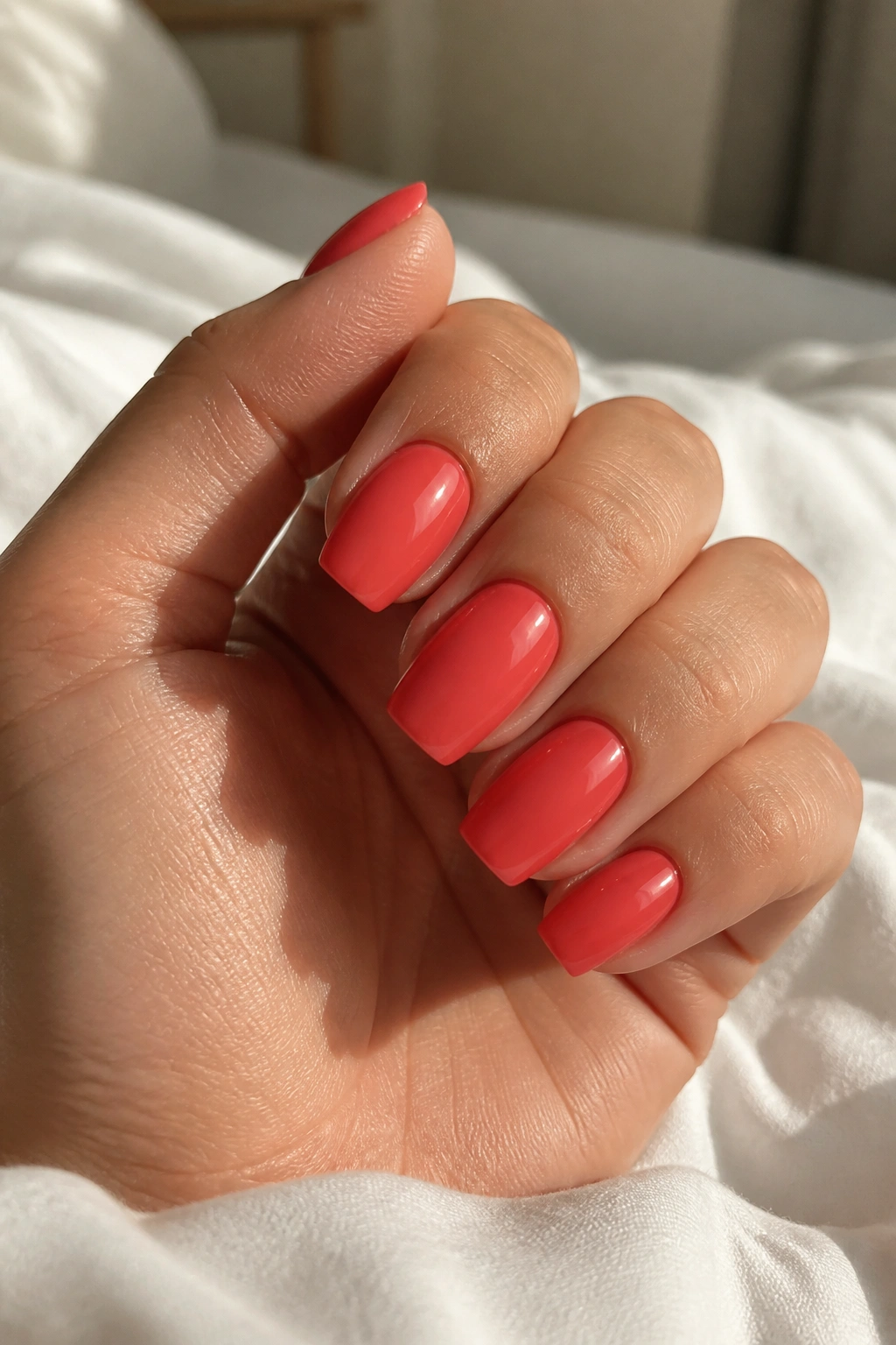 Strawberry-milk red coffin nails on a real hand