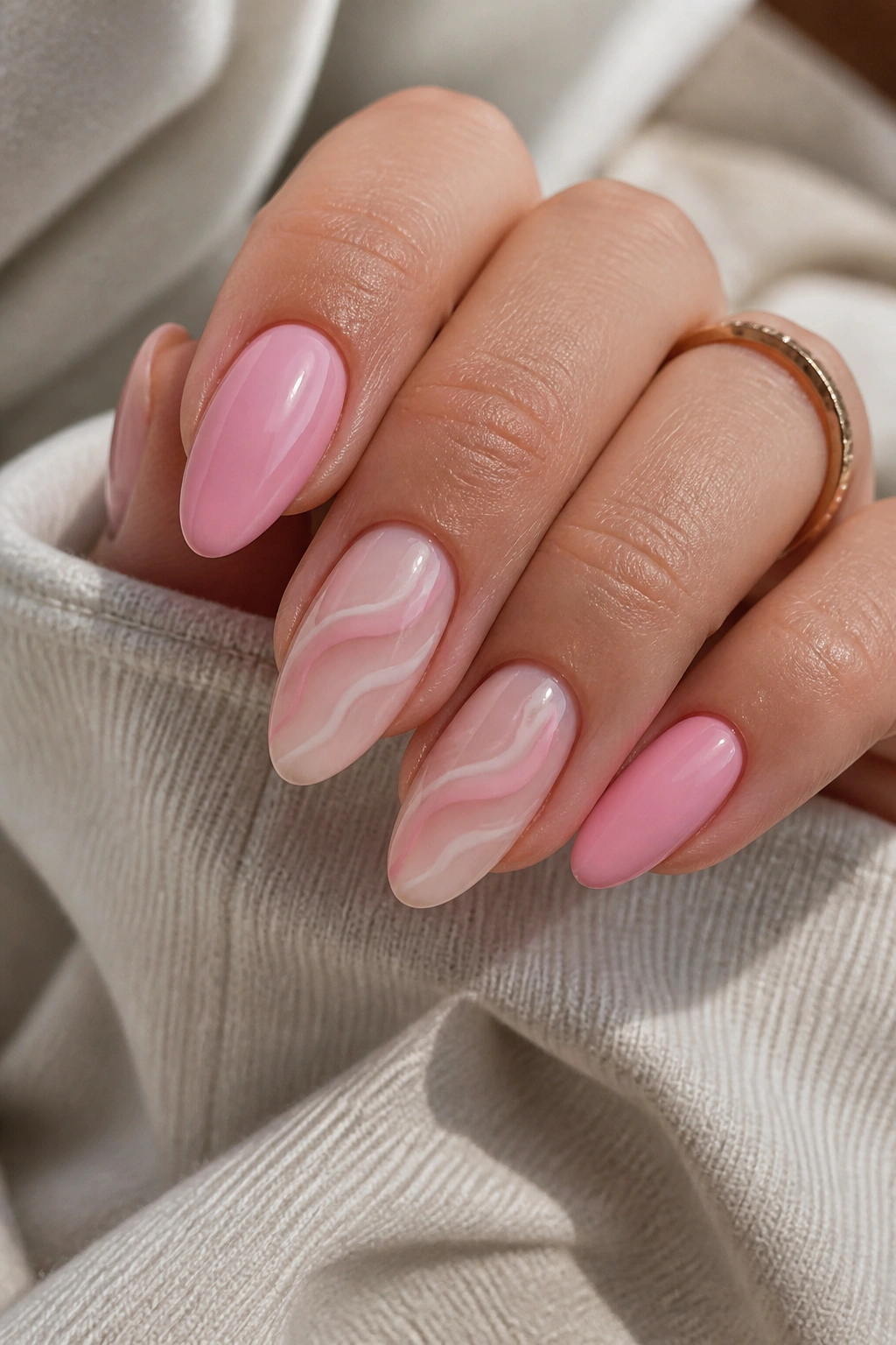 Almond nails with strawberry milk swirl accents on milky pink base