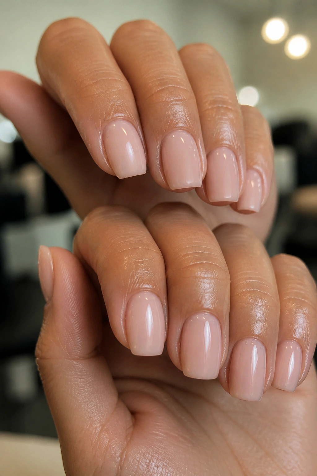 Short coffin nails with a thin structured overlay on real hands.