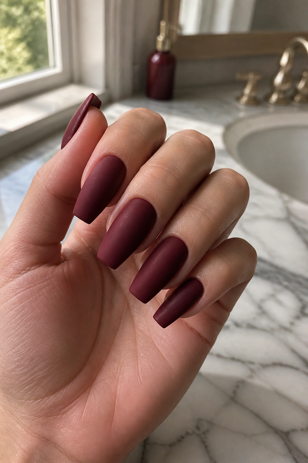 Close-up of a real hand with suede matte wine coffin nails.