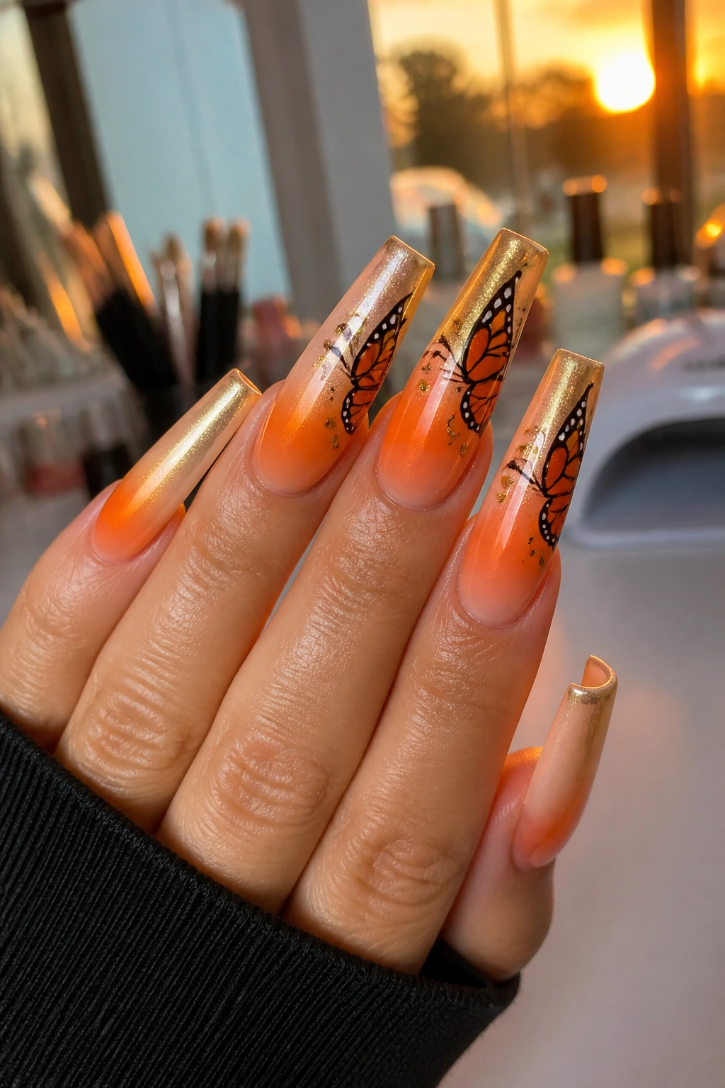 Close-up of sunset orange butterfly coffin nails with aura centers on a real hand