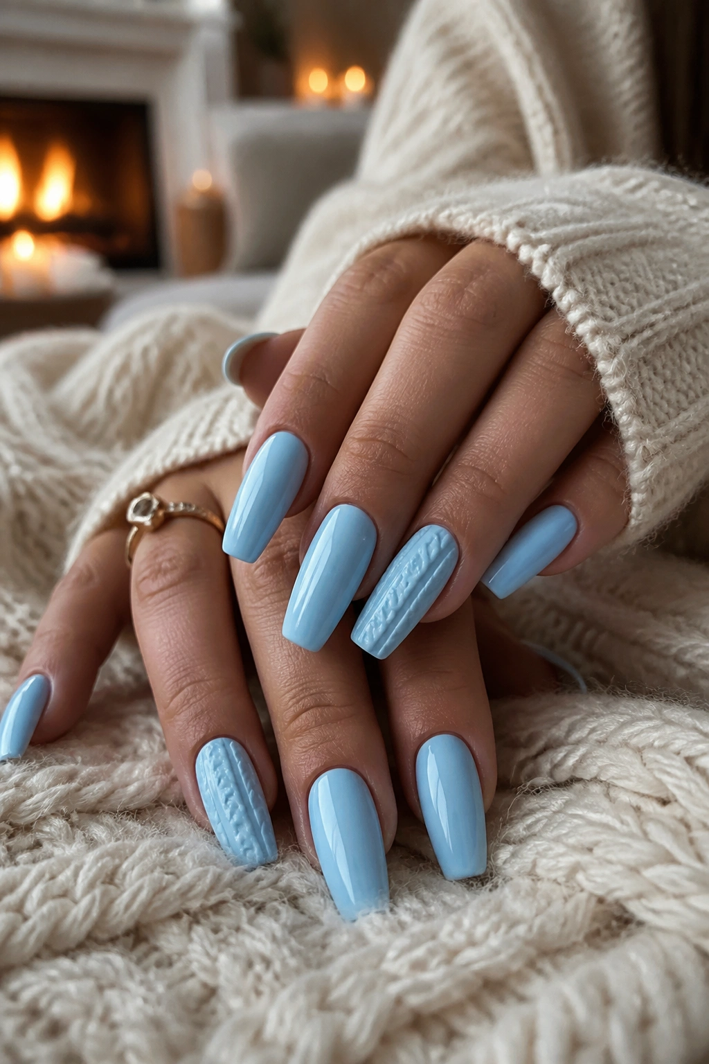 Close-up of light blue coffin nails with sweater-texture ridges on real hands