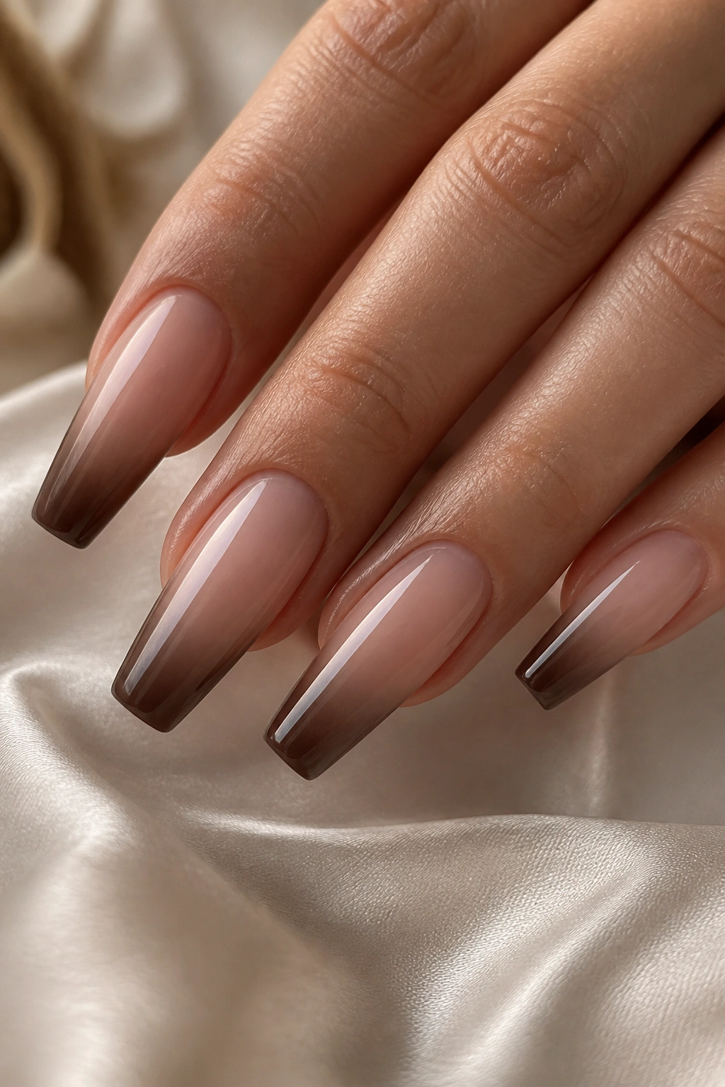 Close-up of taupe-to-chocolate ombre French tips on coffin nails