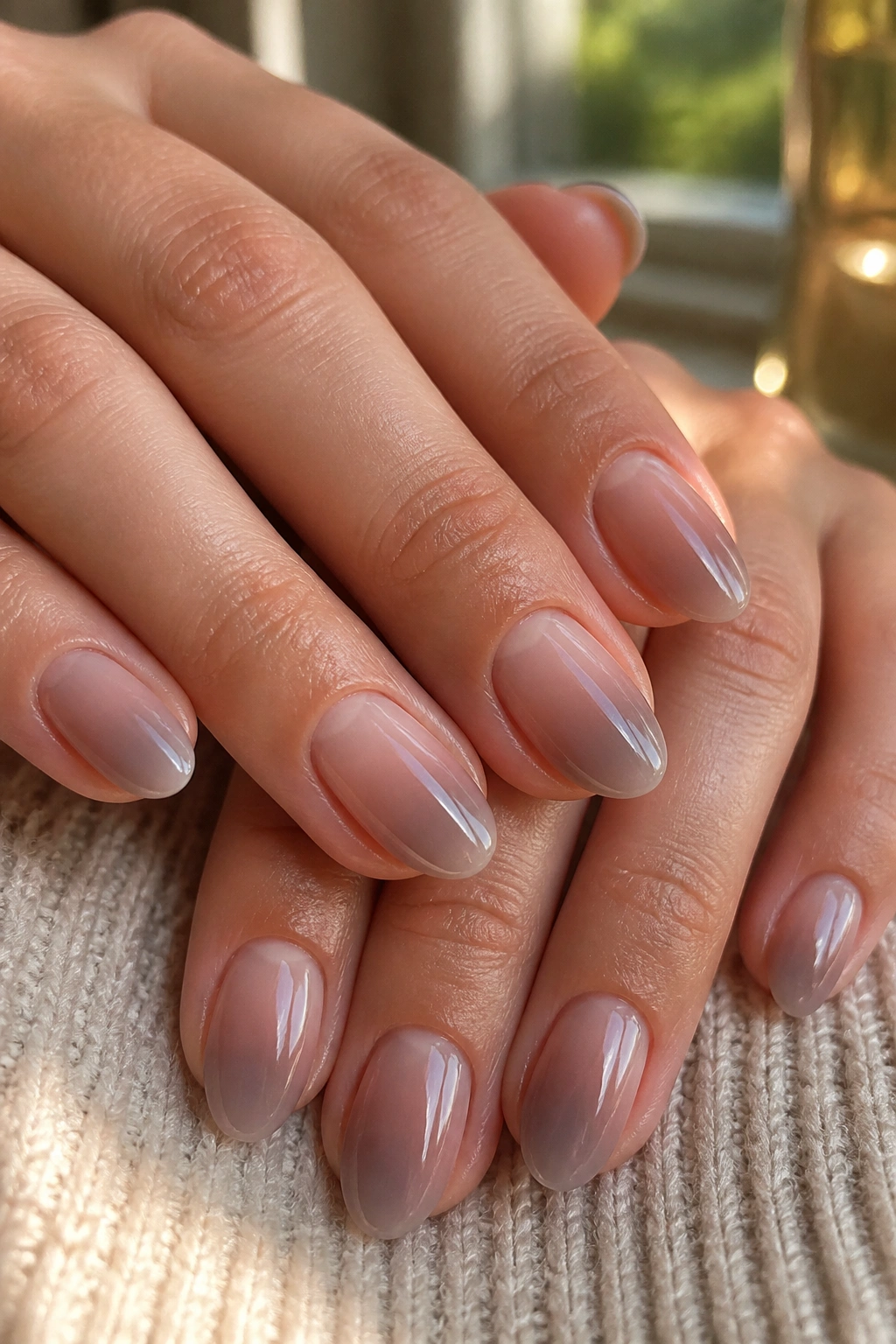 Close-up of hands with short almond nails showing a taupe-to-blush airbrushed gradient