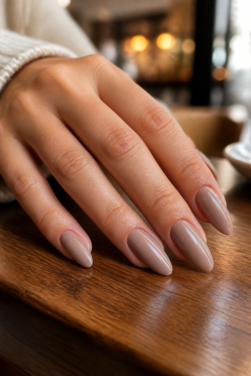 Close-up of a real hand with almond nails in taupe nude shade