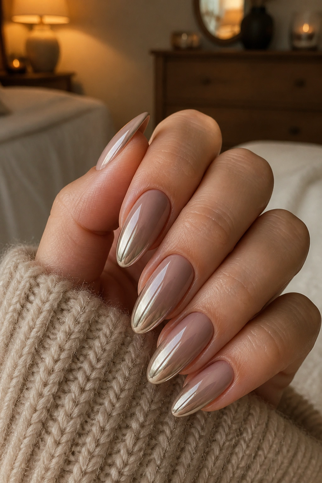 Close-up of almond nails with taupe ombré chrome fade on a real hand