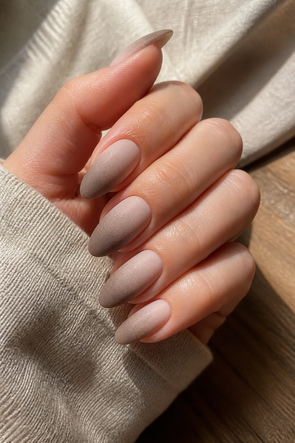 Close-up of taupe ombré velvet almond nails on a real hand