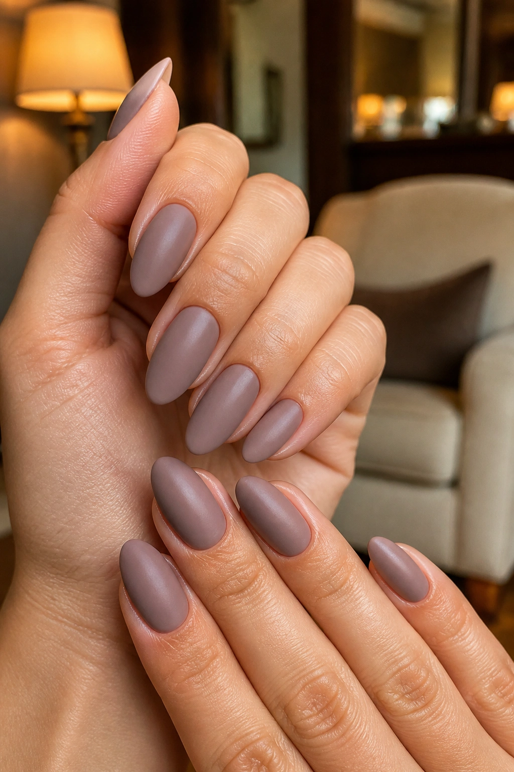 Close-up of taupe satin-matte almond nails on real hands