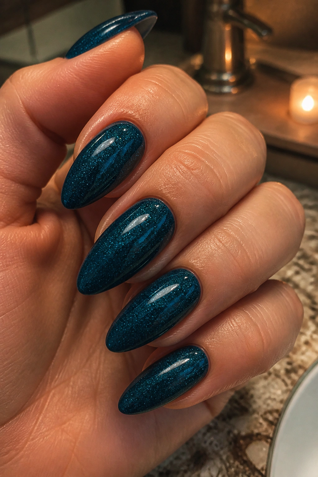 Close-up of teal almond nails with micro glitter creating a wet look in low light