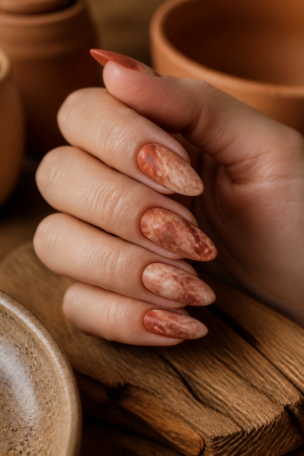 Almond nails in terracotta marble with a matte finish