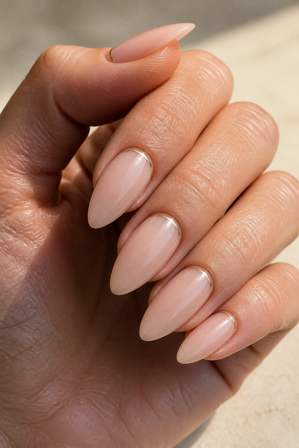 Close-up of real hand with almond nails and thin gold cuticle lines