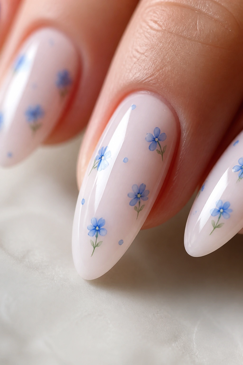 Almond nail with tiny blue floral accents on milky pink base