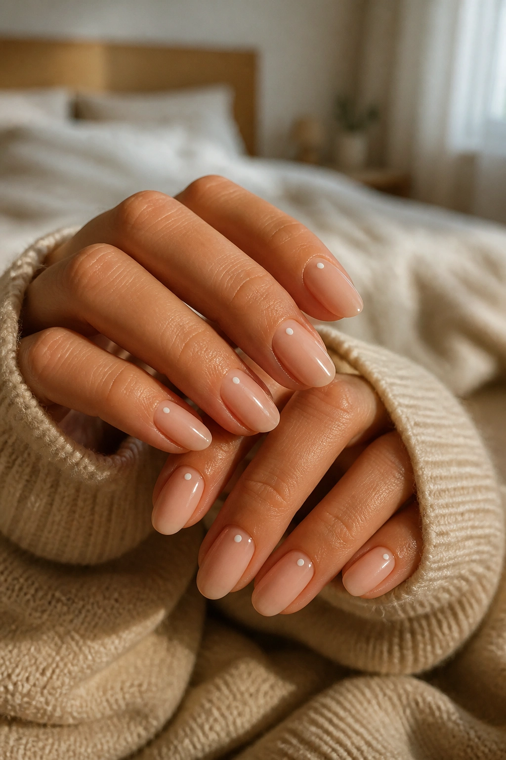 Close-up of real hands with tiny white dots on nude almond nails in a cozy bedroom