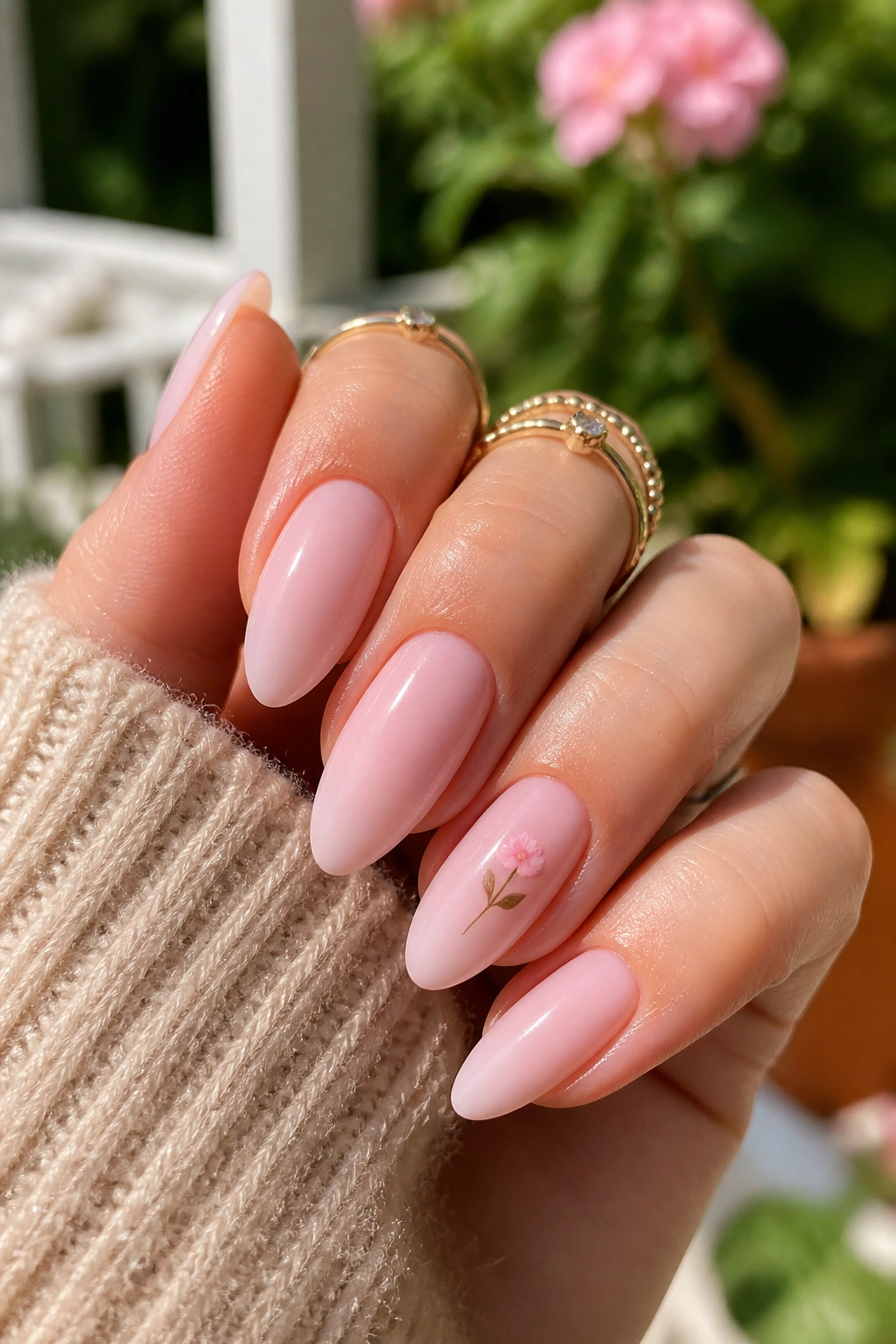 Almond nails with tiny white flower accent on one nail
