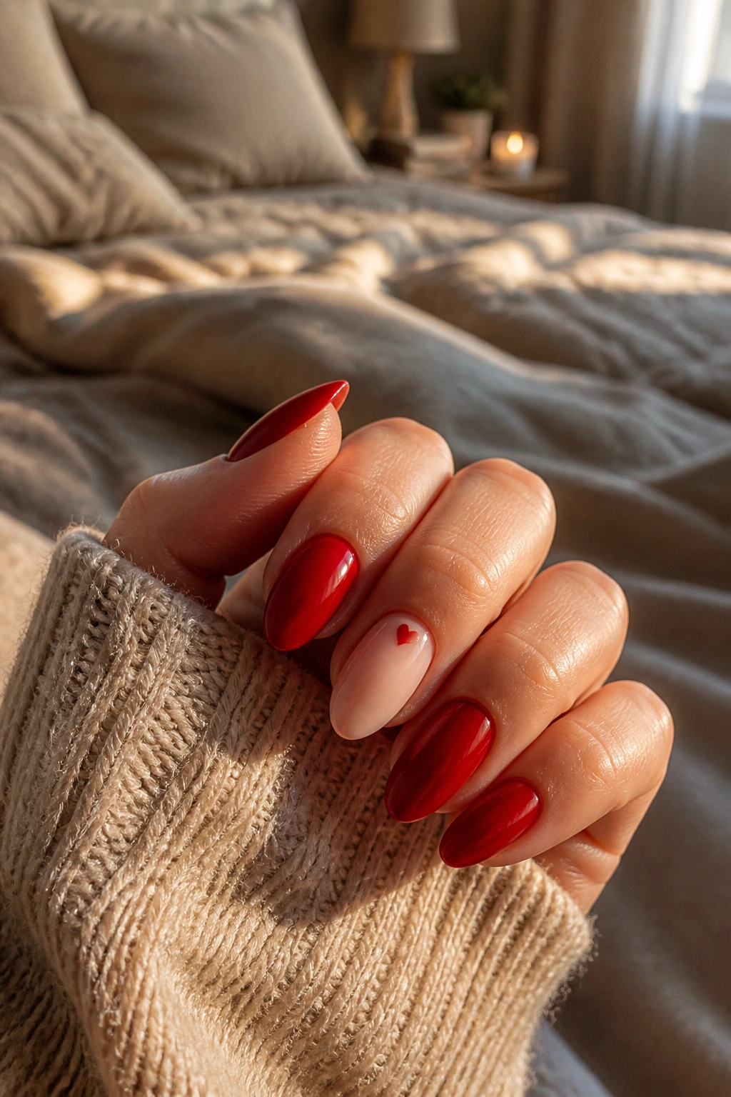 Tiny red heart on nude base almond nail