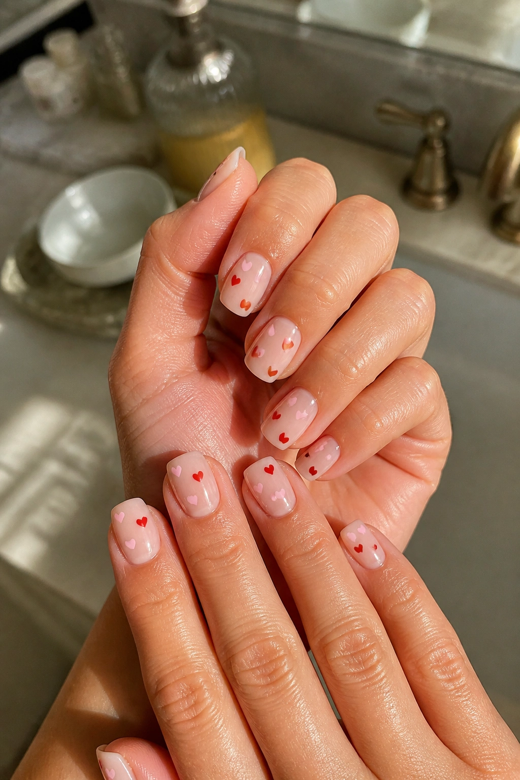 Close-up of real hands with coffin nails featuring tiny heart art under natural light