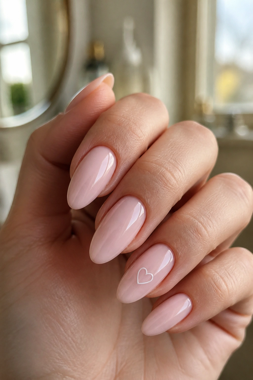 Close-up of tiny hearts on pale pink almond nails on a real hand