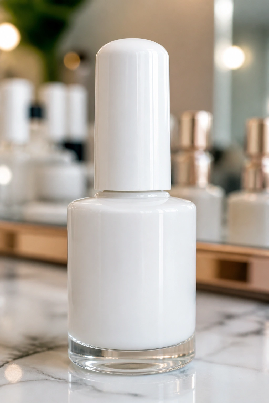 Close-up of a label-free bottle on a manicure station for white coffin nails