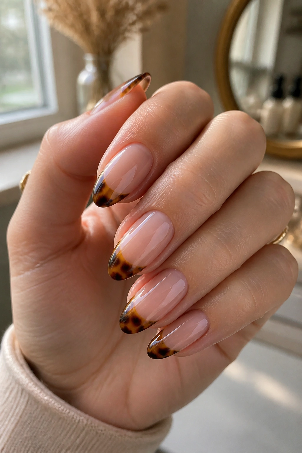 Close-up of almond nails with tortoiseshell French tips on a sheer nude base