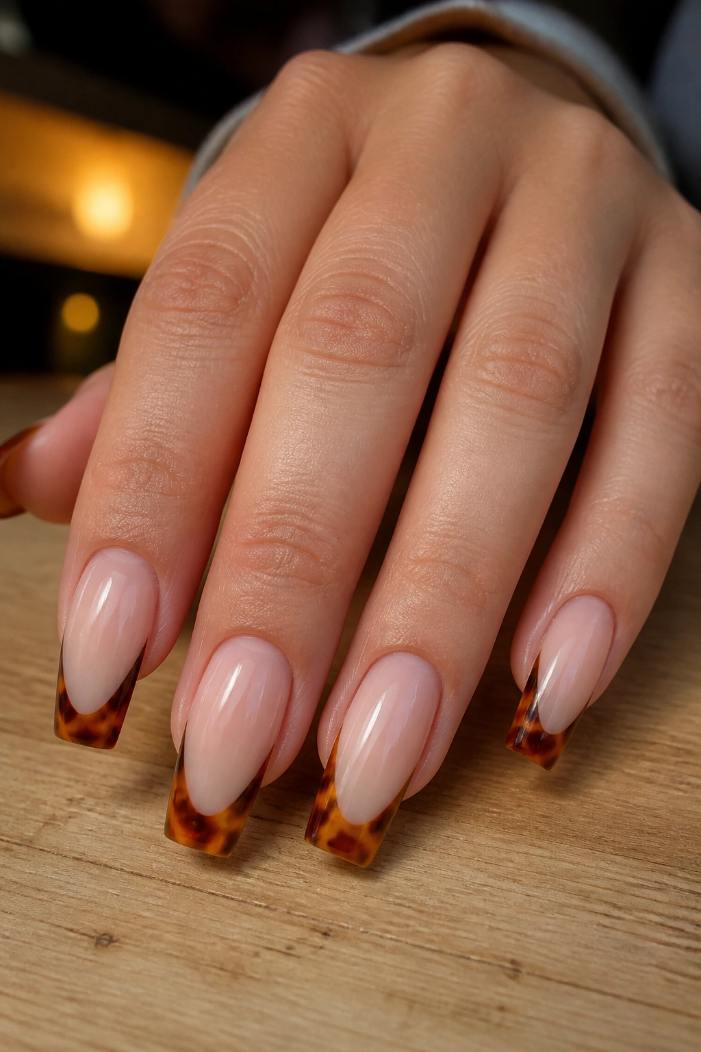 Close-up of tortoiseshell-edge French tips on coffin nails