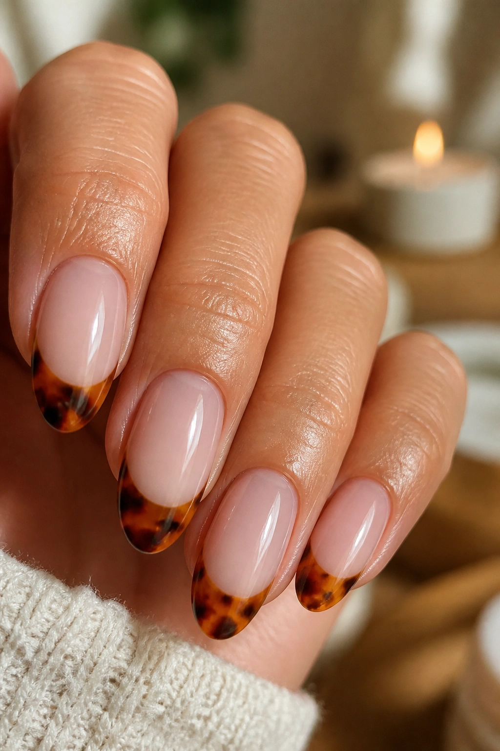 Almond nails with tortoiseshell tips in amber and brown tones on a real hand
